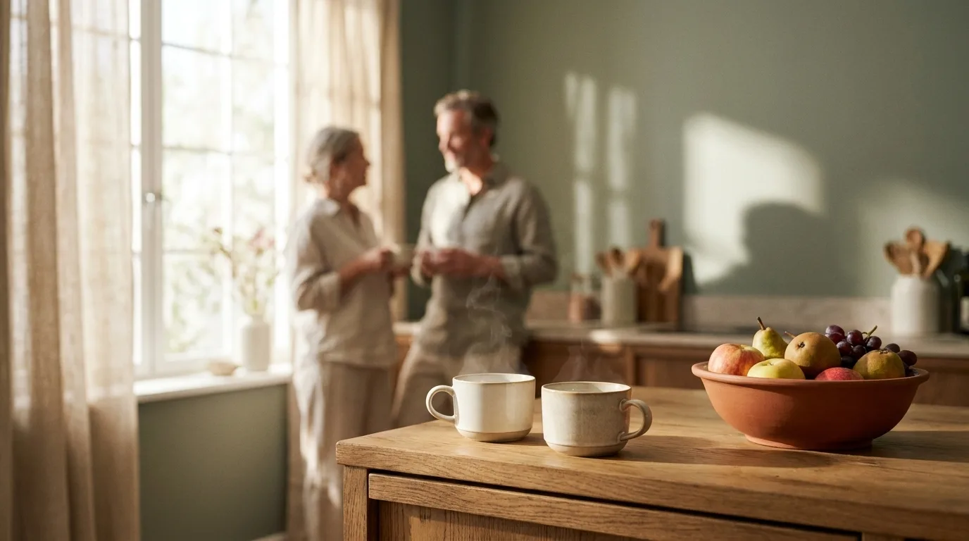 Two people talking over coffee at a sunlit kitchen counter.