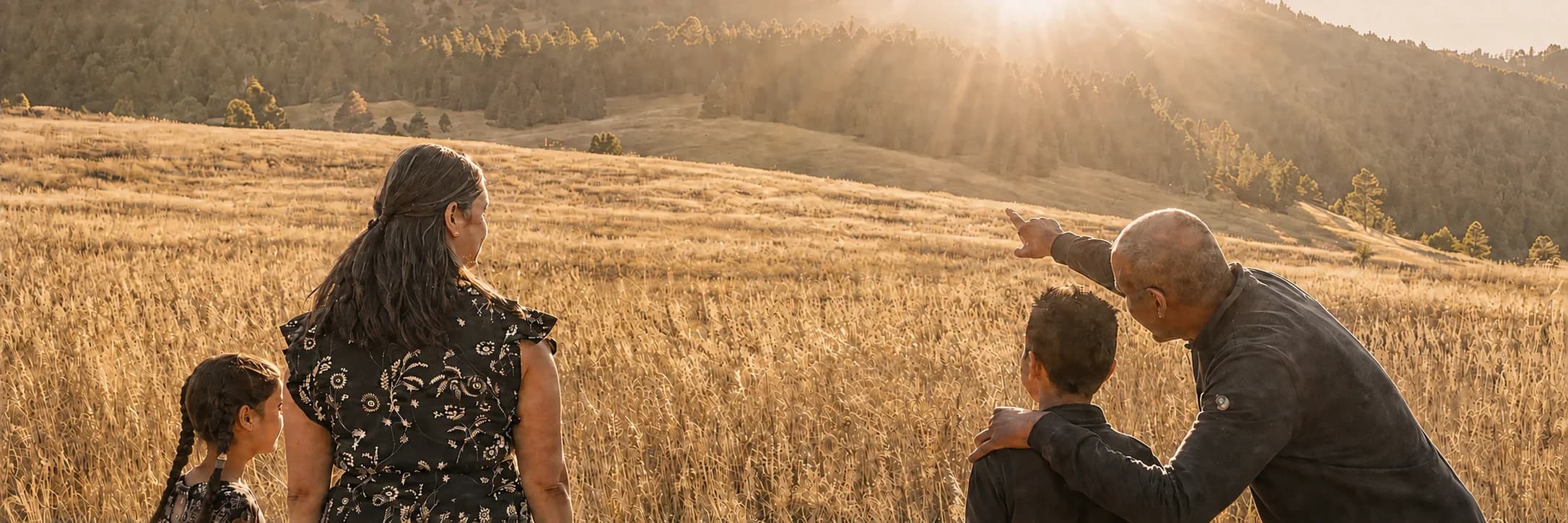 A family sitting together in a sunlit Colorado meadow, the father pointing to the hills