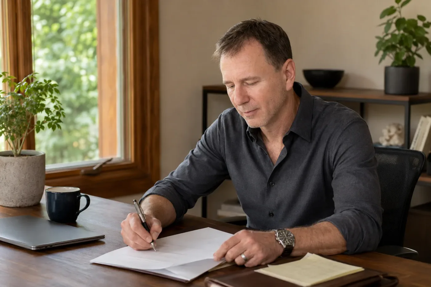Peter Fabish reviewing a document at his desk