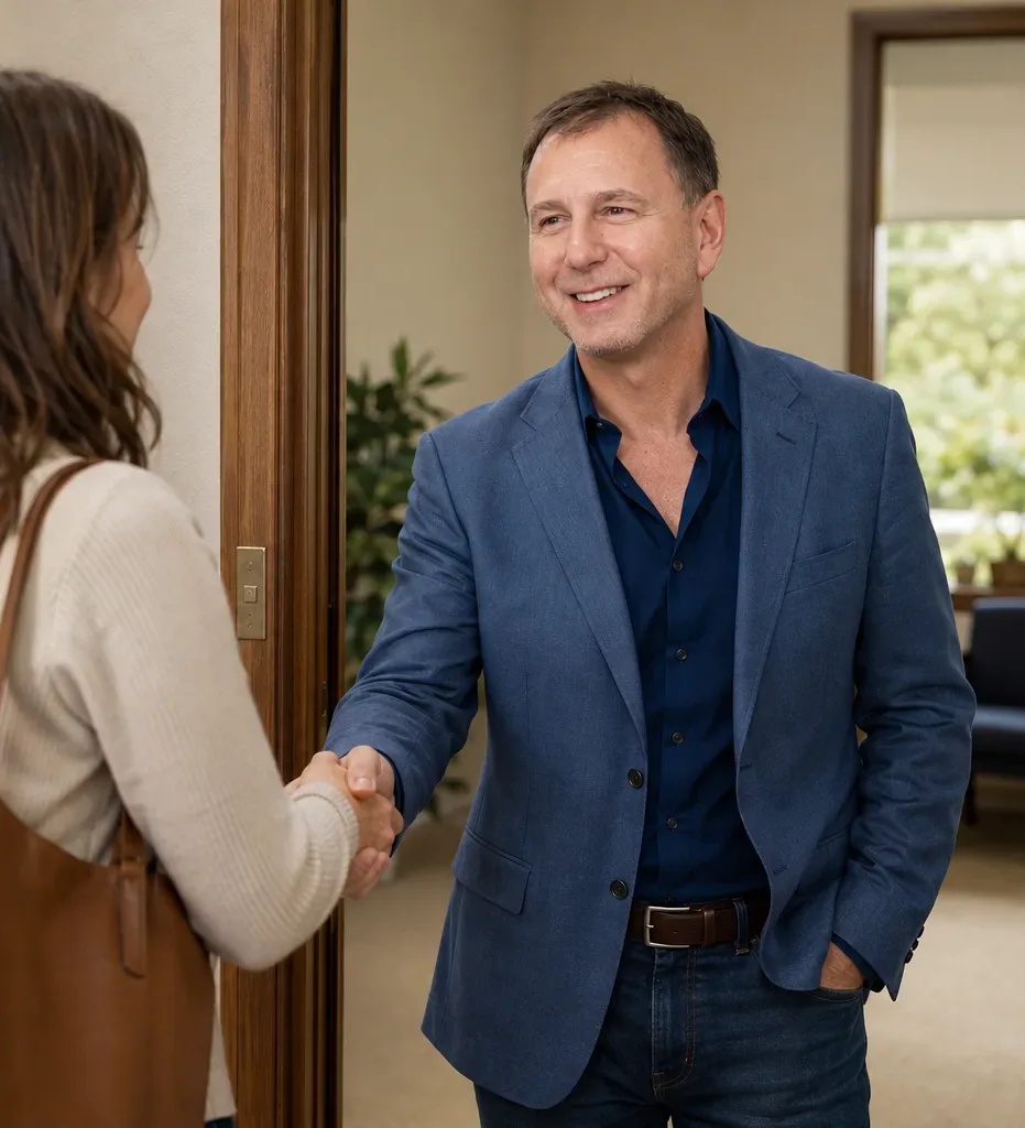 Peter Fabish welcoming a client at the office door with a handshake