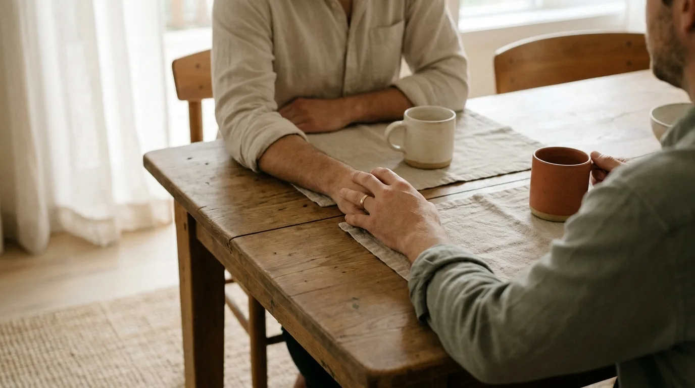 Two people talking quietly at a kitchen table in morning light.