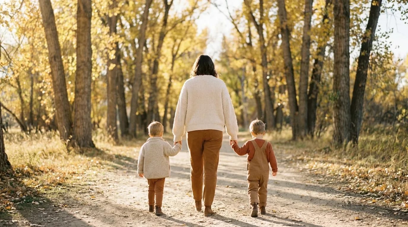 An adult and two children walking together on a tree-lined path.