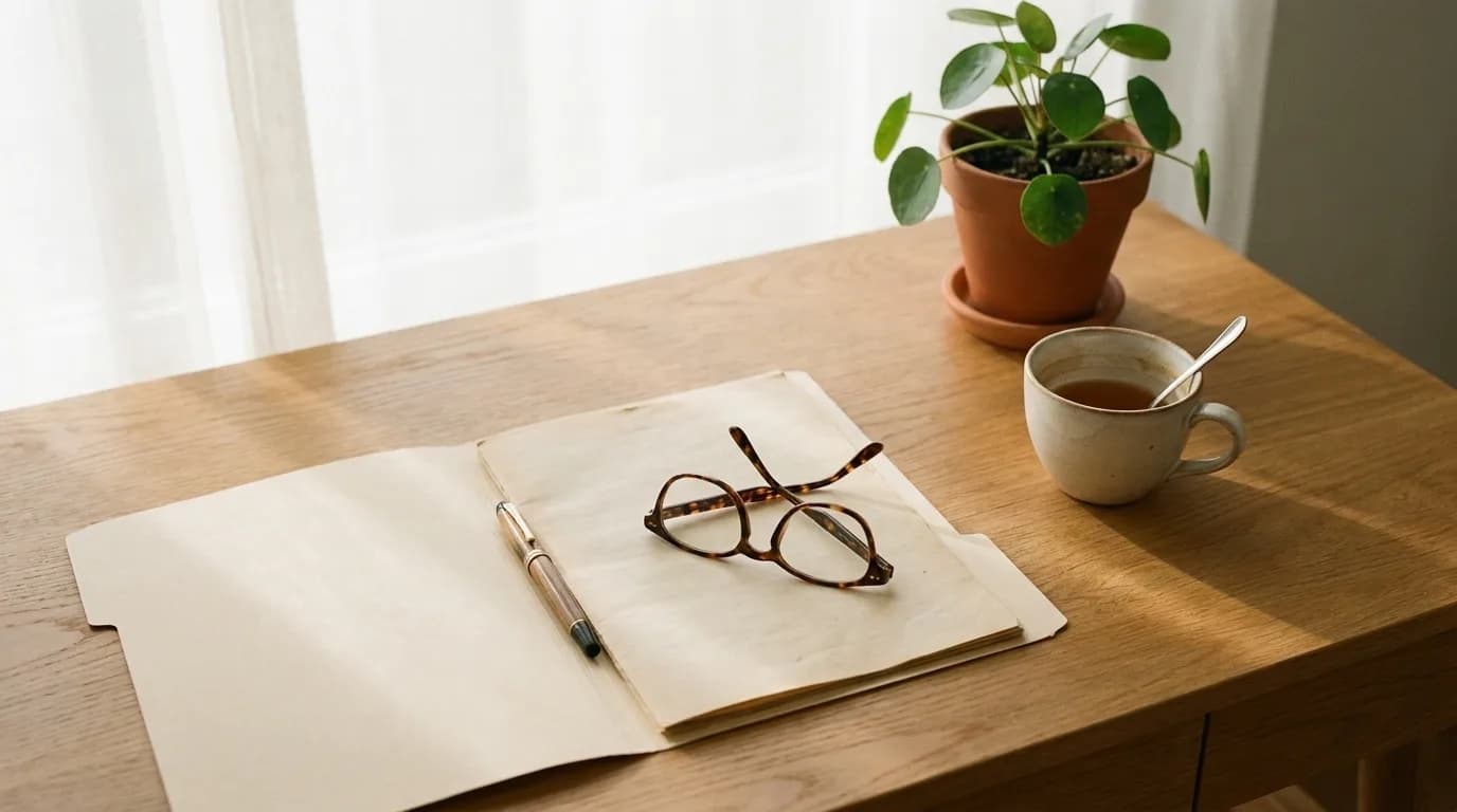 A folder of personal documents and a pen on a sunlit table.