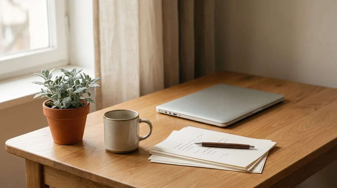 A laptop and a half-finished paper form on a wooden desk.
