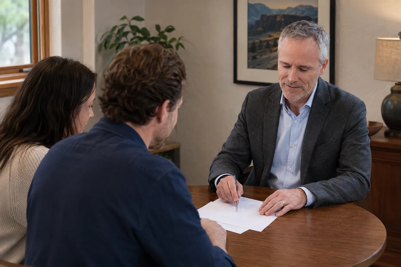 A couple working through their agreement with Peter Fabish at the table